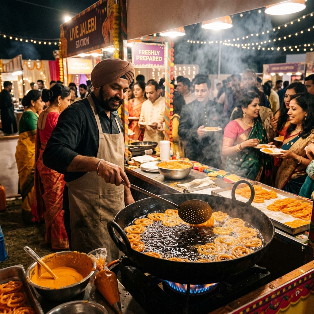 Live food counter at outdoor catering event