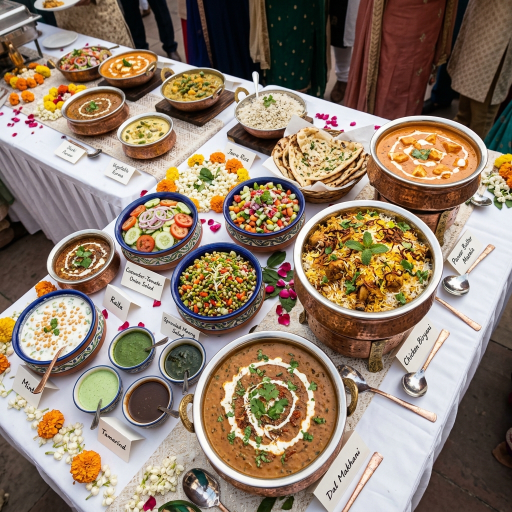 Premium wedding buffet spread with Indian cuisine
